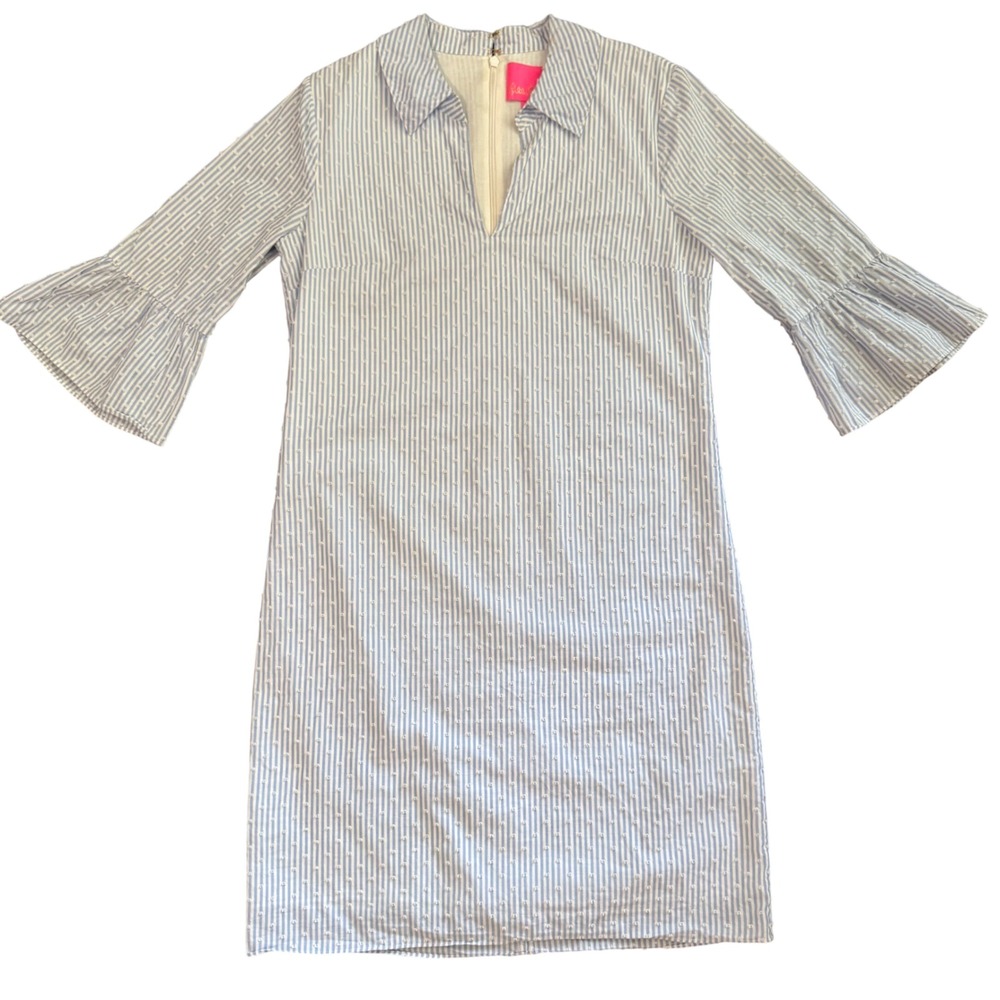 Lilly Pulitzer Blue White Seersucker Swiss Dot Bell Sleeve Shift Dress Sz 0 370‎